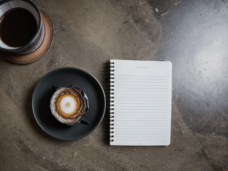 Libreta de apuntes con configuraciones de cámara al lado de una tapa de lente y agua de panela.