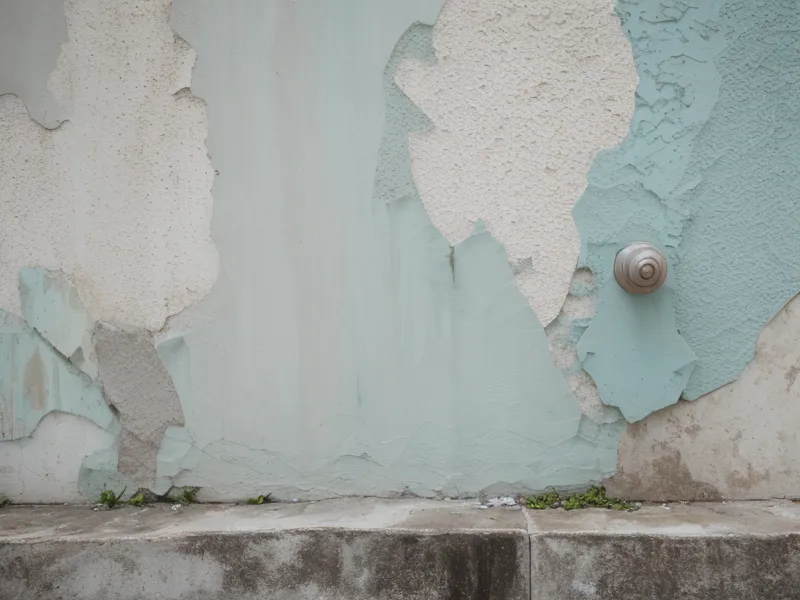 Detalle de pared con pintura de cal descascarada en una casa antigua de Barranquilla.