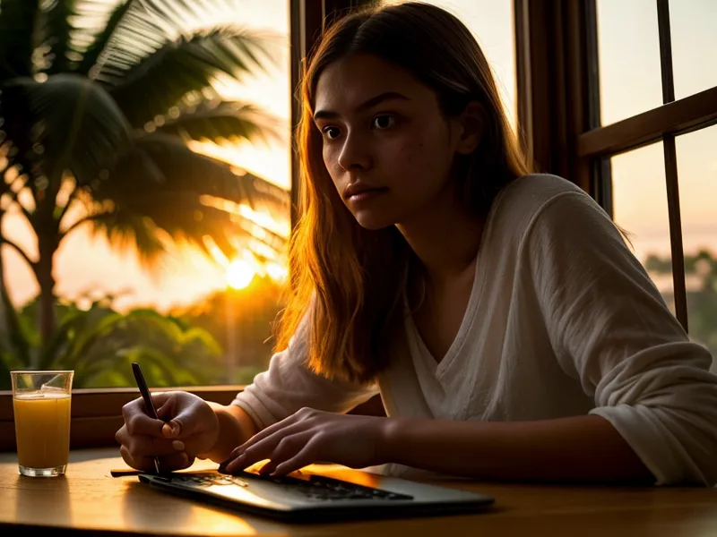 Manos descansando en un escritorio tras una sesión de edición fotográfica al atardecer.