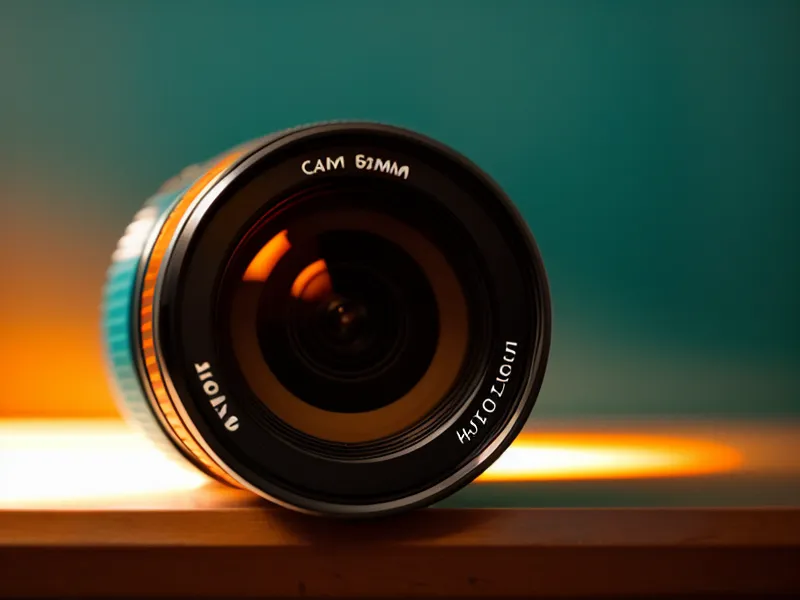 Detalle de un lente 50mm montado en una cámara con reflejos de luz cálida.