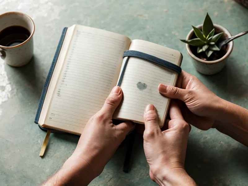 Manos sosteniendo un cuaderno de notas sobre fotografía junto a un refrigerio costeño.